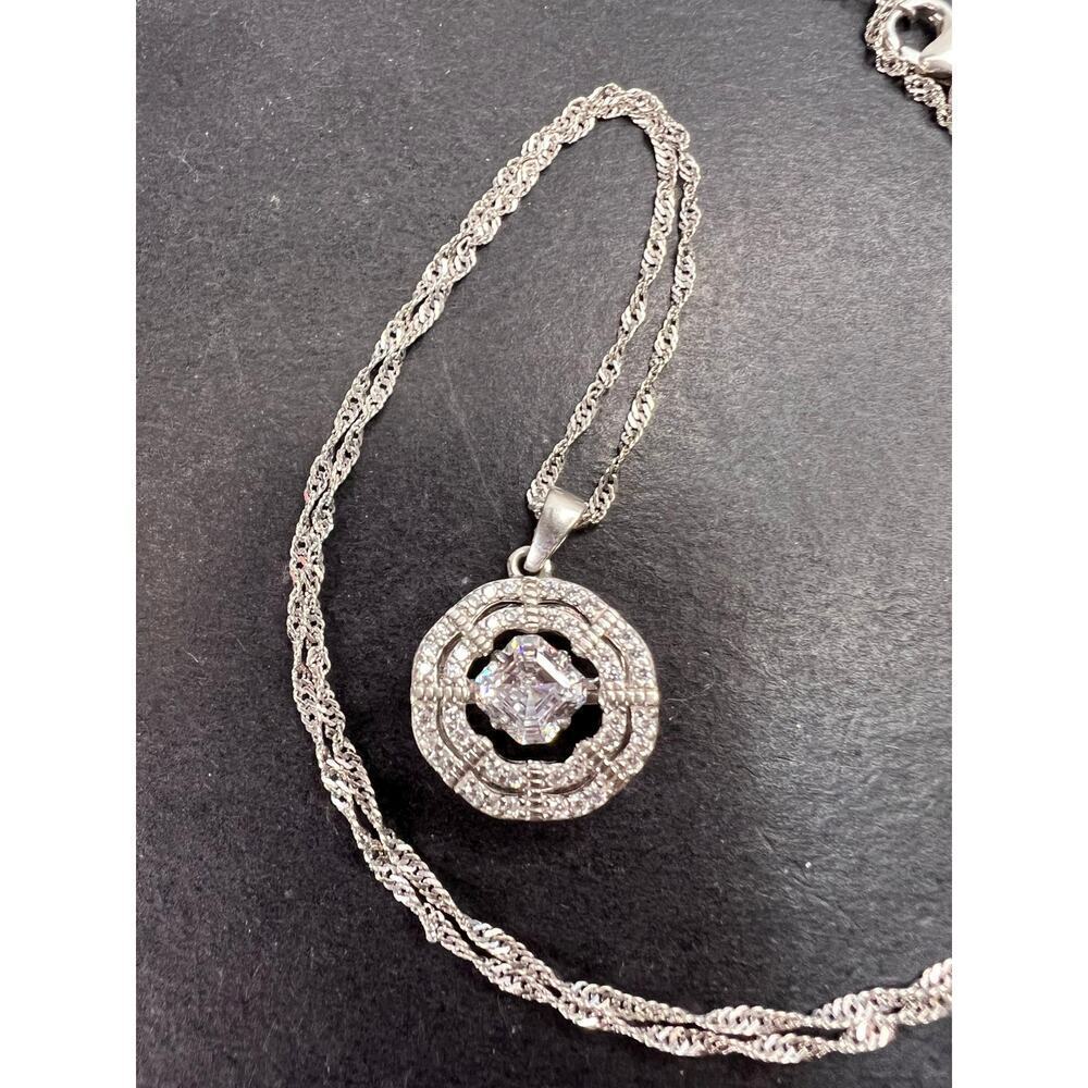 Asscher CZ Rhodium Over Sterling Silver Dancing Pendant With Chain